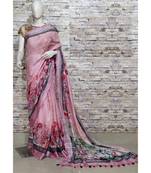 Pink Floral Print Linen Saree