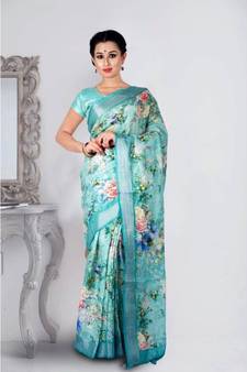 Turquoise Floral Print Linen Saree