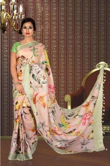 Multicolor Floral Print Linen Saree