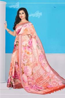 Pink Floral Print Linen Saree
