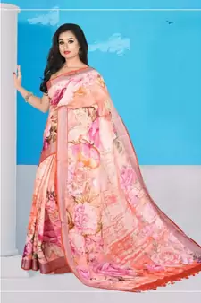 Pink Floral Print Linen Saree