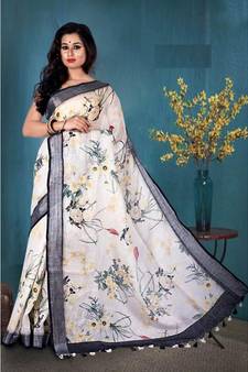 White Floral Print Linen Saree