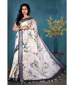 White Floral Print Linen Saree