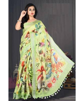 Yellow Floral Print Linen Saree 1