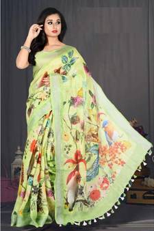 Yellow Floral Print Linen Saree