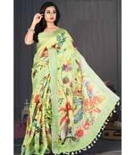 Yellow Floral Print Linen Saree
