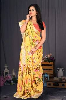 Yellow Floral Print Linen Saree