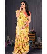 Yellow Floral Print Linen Saree