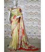 Yellow Floral Print Linen Saree
