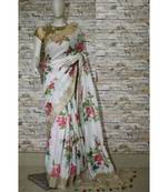 White Floral Print Linen Saree