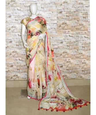Multicolor Floral Print Linen Saree 1