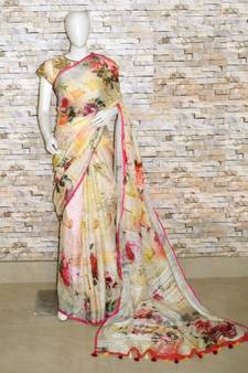 Multicolor Floral Print Linen Saree