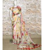 Multicolor Floral Print Linen Saree