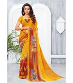 Yellow Georgette Printed Designer saree with blouse