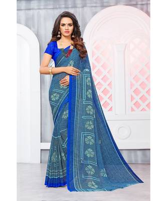 Blue Georgette Printed Designer saree with blouse 1