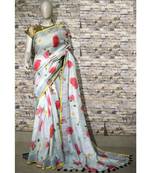 White Floral Print Linen Saree