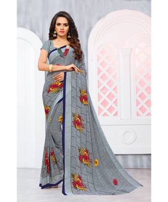 Grey Georgette Printed Designer saree with blouse 1
