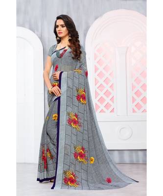 Grey Georgette Printed Designer saree with blouse 2