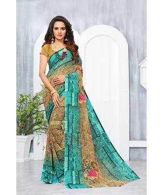 Green Georgette Printed Designer saree with blouse 1