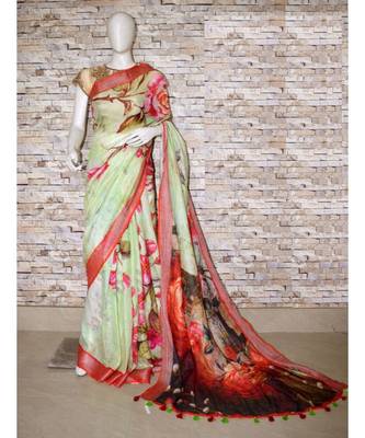 Multicolor Floral Print Linen Saree 1