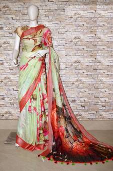 Multicolor Floral Print Linen Saree