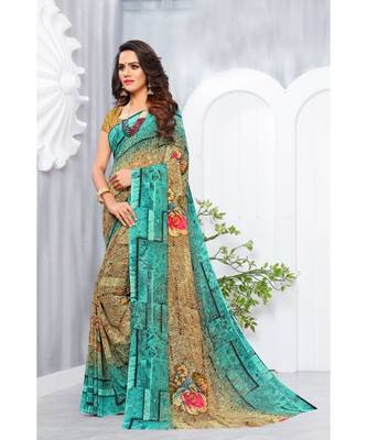 Green Georgette Printed Designer saree with blouse 2