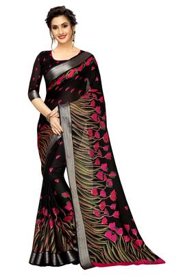Black printed linen saree with blouse 1