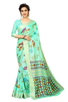 Dark blue printed linen saree with blouse 1