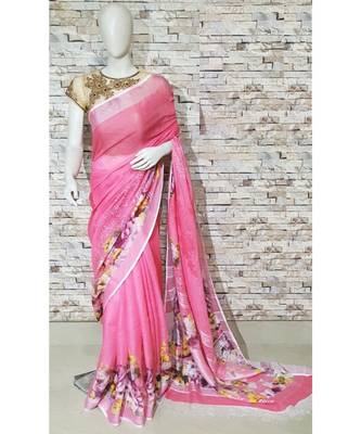 Pink Floral Print Linen Saree 1