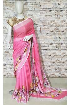 Pink Floral Print Linen Saree