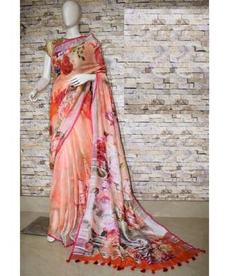 Orange Floral Print Linen Saree 1