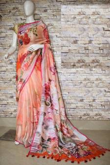 Orange Floral Print Linen Saree