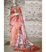 Orange Floral Print Linen Saree