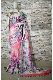 Pink Floral Print Linen Saree