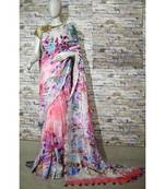 Pink Floral Print Linen Saree