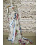 Grey Floral Print Linen Saree