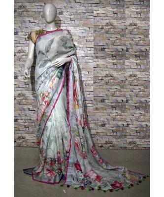 Grey Floral Print Linen Saree 1