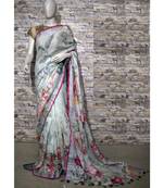 Grey Floral Print Linen Saree