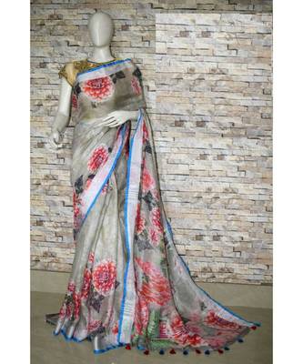 Grey Floral Print Linen Saree 1