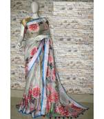 Grey Floral Print Linen Saree