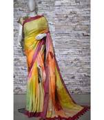 Yellow Floral Print Linen Saree