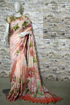 Multicolor Floral Print Linen Saree