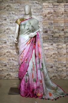 Multicolor Floral Print Linen Saree