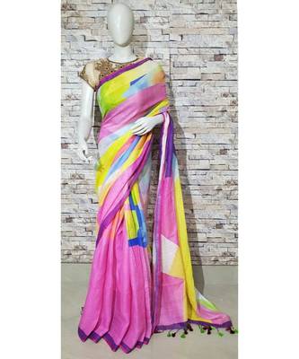 Multicolor Floral Print Linen Saree 1