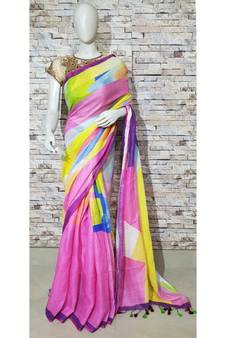 Multicolor Floral Print Linen Saree
