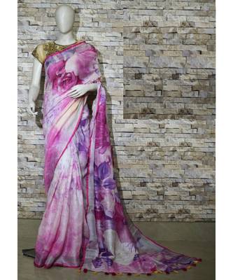 Multicolor Floral Print Linen Saree 1