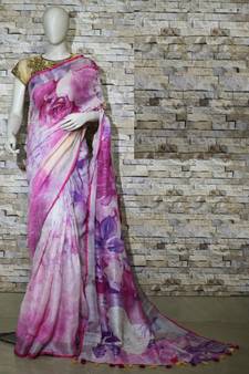 Multicolor Floral Print Linen Saree