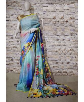 Multicolor Floral Print Linen Saree 1