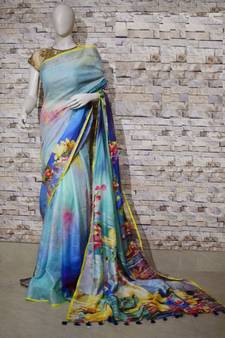 Multicolor Floral Print Linen Saree