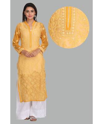 Mustard Embroidered Georgette Chikankari Kurti 1
